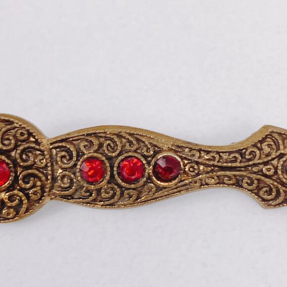 Vintage Gold Tone Bar Brooch Red Stones C Clasp Edwardian Victorian Revival - Picture 5 of 9